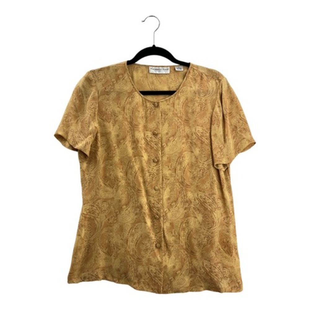 Katherine Kelly Blouse Women 8 Gold Paisley 100% Silk Short Sleeve Button Up Top